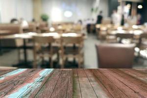 Top desk with blur restaurant background,wooden table photo