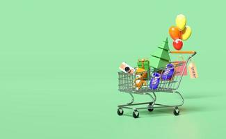 shopping cart with christmas tree,gift box,bag,price tags,toy isolated on green background.startup franchise business,happiness cards,festive New Year concept,3d illustration,3d render photo