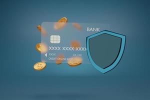 Credit bank card with coins and shield.Secure credit card transaction in Internet.Cyber security,Payment protection concept,Coins falling,lock card,Business finance.3D rendering illustration. photo