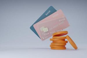 tarjeta de crédito y moneda voladora. concepto de pago en línea. foto