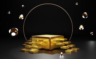 Gold podium empty and stair with geometric shapes in black composition for modern stage display and minimalist mockup ,abstract showcase background ,Concept 3d illustration or 3d render photo