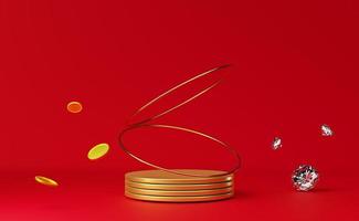 podio vacío con monedas de oro y diamantes en composición roja para exhibición de escenario moderno y maqueta minimalista, fondo de escaparate abstracto, ilustración conceptual 3d o representación 3d foto