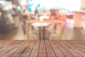 Top desk with blur restaurant background,wooden table photo