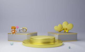 Podium empty with yellow heart shapes in gray composition for modern stage display and minimalist mockup ,valentine's day background ,Concept 3d illustration or 3d render photo