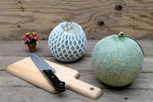 melon and knife on cutting board photo