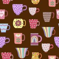 Seamless pattern of vintage mugs. Hand-drawn with a naive Scandinavian style vector