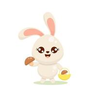 vector character kawaii rabbit with mushrooms in its paws and with a basket of mushrooms