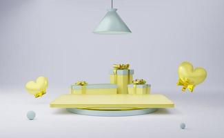 Podium empty and gift box with yellow heart shapes in gray composition for modern stage display and minimalist mockup ,valentine's day background ,Concept 3d illustration or 3d render photo