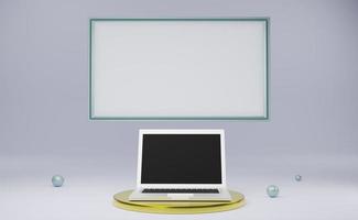 podium with computer laptop and frame in gray composition for modern stage display and minimalist mockup ,abstract showcase background ,Concept 3d illustration or 3d render photo