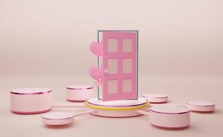 Podium empty with heart shaped balloon and door in sky blue pastel composition, valentine's day concept ,abstract showcase background ,3d illustration or 3d render photo