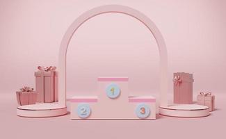 podio de ganadores vacío y caja de regalo en composición rosa pastel para exhibición de escenario moderno y maqueta minimalista, fondo de escaparate abstracto, ilustración conceptual 3d o renderizado 3d foto