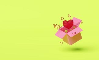 pink open gift box with red heart isolated on green background.christmas and new year day,health love or world heart day,valentine's day concept,minimal abstract,3d illustration or 3d render photo