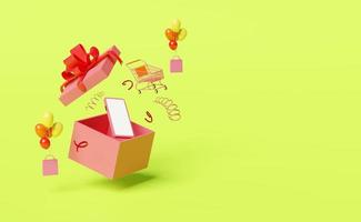 mobile phone or smartphone with pink open gift box,paper bags,balloon,shopping cart, ornaments isolated on green background.online shopping,website,banner,festive new year,3d illustration or 3d render photo