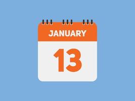 Recordatorio del calendario del 13 de enero. Plantilla de icono de calendario diario del 13 de enero. plantilla de diseño de icono de calendario 13 de enero. ilustración vectorial vector