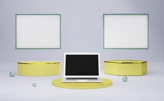 podium empty with computer laptop and frame in gray composition for modern stage display and minimalist mockup ,abstract showcase background ,Concept 3d illustration or 3d render photo