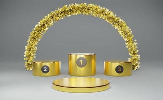 Gold winners podium empty with wreath in Gray composition for modern stage display and minimalist mockup ,abstract showcase background ,Concept 3d illustration or 3d render photo