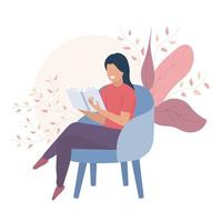 mujer sentada en una silla y leyendo un libro. vectorial e ilustración. vector