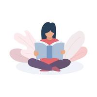 Girl sitting on the floor and reading a book. Vector and Illustration.