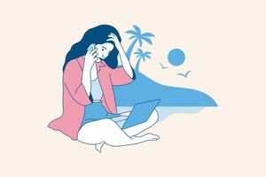 ilustraciones de hermosas mujeres nómadas digitales que disfrutan trabajando con una laptop en el concepto de diseño de la playa vector