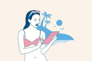 Illustrations of Beautiful digital nomad woman enjoy working with laptop on the beach design concept vector