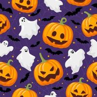 Halloween seamless pattern with ghosts, pumpkin and bats. Holiday spooky design. Vector illustration.