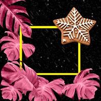 star with colorful monstera leaves pattern on black background for christmas and new year concept photo