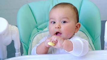 un bébé affamé ronge une cuillère en plastique à table sur une chaise haute. poussées dentaires, caprices, démangeaisons des gencives, introduction d'aliments complémentaires video