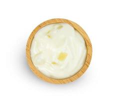 yoghurt with nata de coco dutche in wooden bowl isolated on white background ,include clipping path photo