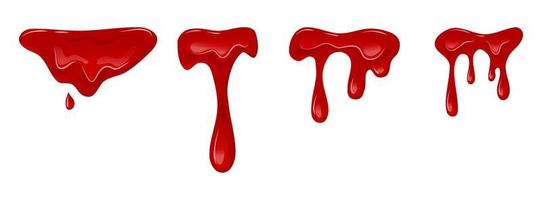 Flowing blood set on a white isolated background. Dripping liquid. Red slime. Vector cartoon illustration.