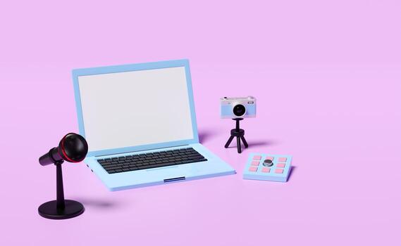 online video live streaming, 3d blank screen laptop computer on table with keypad, microphone, camera isolated on pink background. seo, communication applications, notification message, 3d render photo