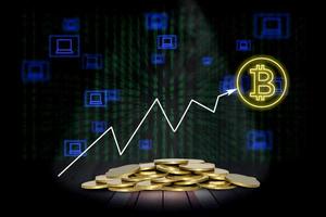 bitcoin symbol and coins stack with lighting and smoke on wooden stage and chart of indicators photo