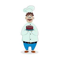 A cheerful chef carrying a cake in a tunic and cap. Isolated vector illustration in cartoon style.