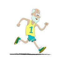 Old man running in the park in the morning or a sports marathon. Isolated on white background. Flat style, caricature. Profile, side view. Grandfather jogging slowly. Old man sprinting. vector