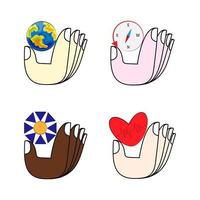 colored hands with compass, planet, flower and heart elements vector