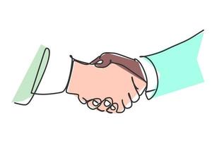 Two businessmen shaking hands. Continuous one line drawing illustration vector. Simple flat colored hand drawin design style for business and finance concept vector