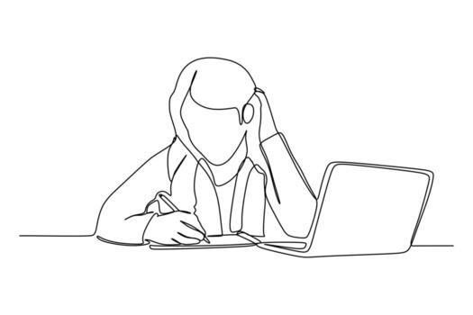 Young girl writing on the paper while studying in front of a not book. Continuous one line drawing vector illustration