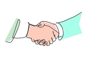 Two businessmen shaking hands. Continuous one line drawing illustration vector. Simple flat colored hand drawin design style for business and finance concept vector