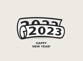 2023 numbers rolled newspaper. Happy New Year event poster, greeting card cover, 2023 calendar design, invitation to celebrate New Year and Christmas. Vector illustration.