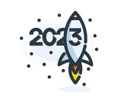 2023 numbers in cartoon style with rocket. Happy New Year event poster, greeting card cover, 2023 calendar design, invitation to celebrate New Year and Christmas. Vector illustration.