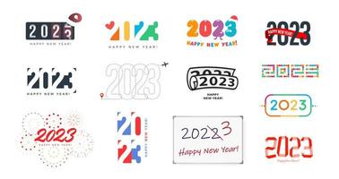 2023 New Year diverse symbols set for 2023 event decoration, logo graphic, creative emblem concept for banner, brochure, flyer, calendar, greeting card, event invitation. Isolated vector logotype.