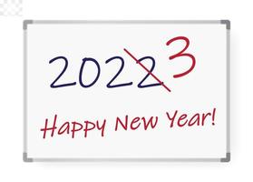 2023 numbers marker on whiteboard. Happy New Year event poster, greeting card cover, 2023 calendar design, invitation to celebrate New Year and Christmas. Vector illustration.