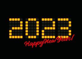 2023 números digitales en el marcador del juego. cartel de evento de feliz año nuevo, portada de tarjeta de felicitación, diseño de calendario 2023, invitación para celebrar año nuevo y navidad. ilustración vectorial vector