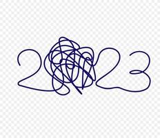 2023 numbers pen written with chaotic lines. Happy New Year event poster, greeting card cover, 2023 calendar design, invitation to celebrate New Year and Christmas. Vector illustration.