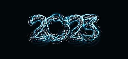 2023 numbers with magic luminous lightning contour. Happy New Year event poster, greeting card cover, 2023 calendar design, invitation to celebrate New Year and Christmas. Vector illustration.