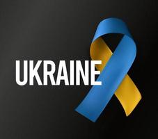 Ukraine support symbol, blue and yellow ribbon on dark background. Awareness war poster, vector illustration.
