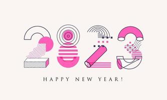 2023 numbers geometric shapes Memphis style. Happy New Year event poster, greeting card cover, 2023 calendar design, invitation to celebrate New Year and Christmas. Vector illustration.