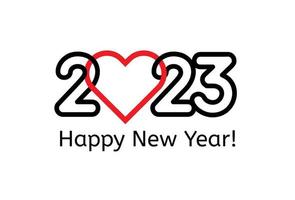 2023 numbers in linear style with heart. Happy New Year event poster, greeting card cover, 2023 calendar design, invitation to celebrate New Year and Christmas. Vector illustration.