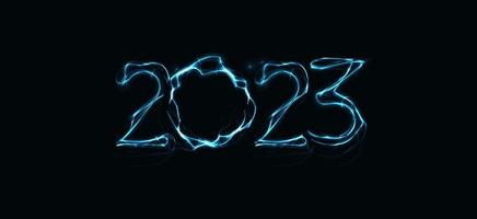 2023 numbers with magic luminous lightning contour. Happy New Year event poster, greeting card cover, 2023 calendar design, invitation to celebrate New Year and Christmas. Vector illustration.