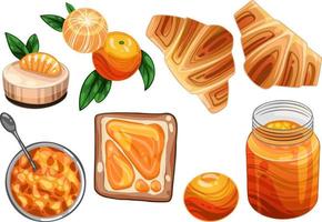 Tangerine in different angles. Mandarin jam, toast with tangerine marmalade. A jar of marmalade. Drawn in a group and in a section, vector illustration