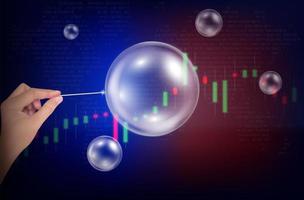 Hand holding needle trying to burst a soap bubble on stock market graphs charts. Business speculation with a businessman overvalued inflated economy. Financial crisis concept. 3D Vector. vector